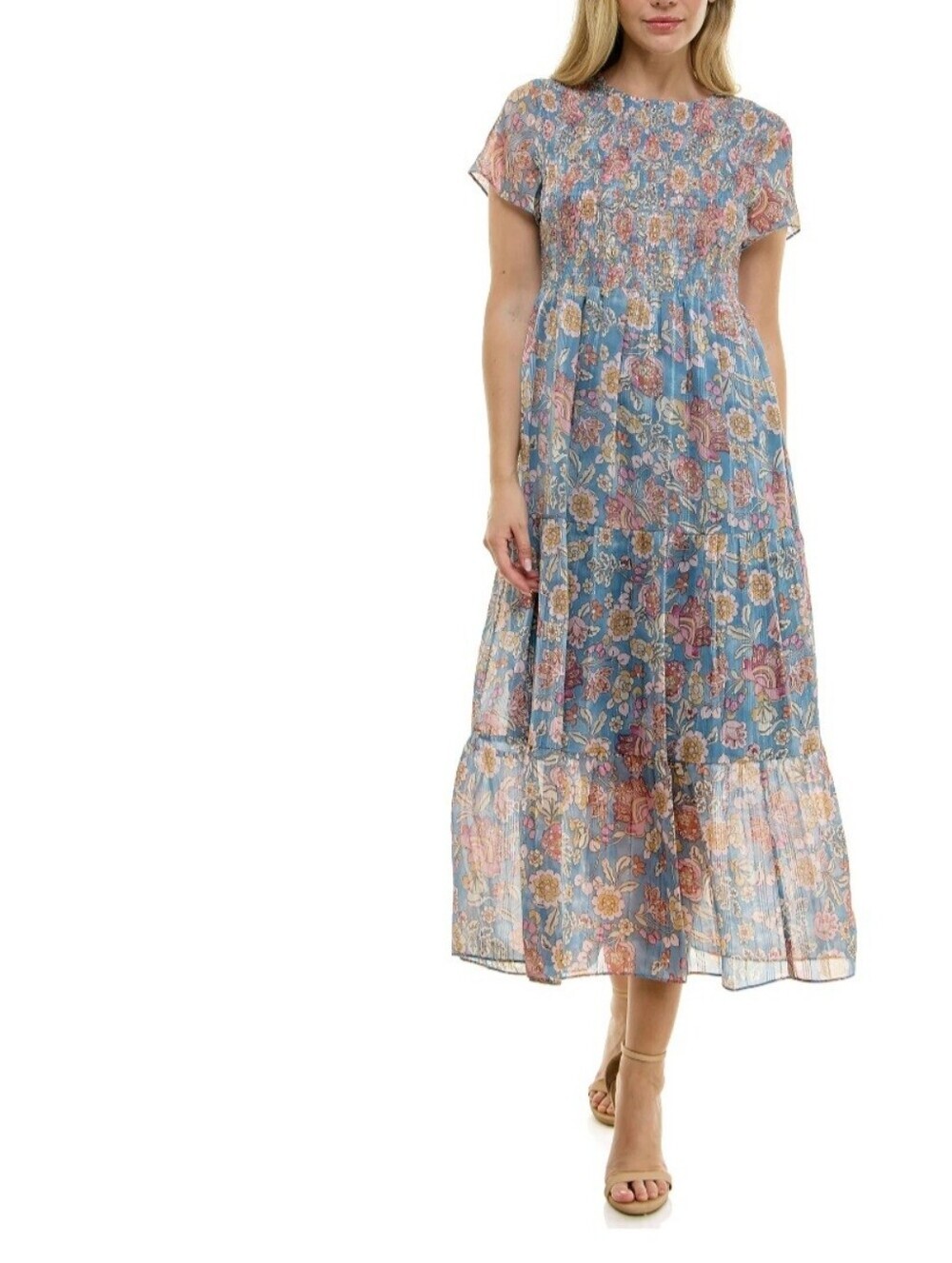 Nanette Lepore Blue Floral Smocked Maxi Dress Metallic Stripe Size 10 - Picture 2 of 7